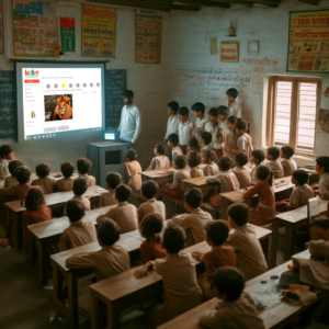 A rural classroom using a tablet and a projector to use Kidlet.